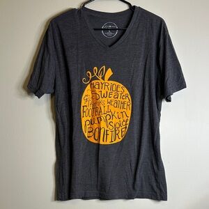 Gray V-Neck Short Sleeve Tee with Orange Pumpkin Design